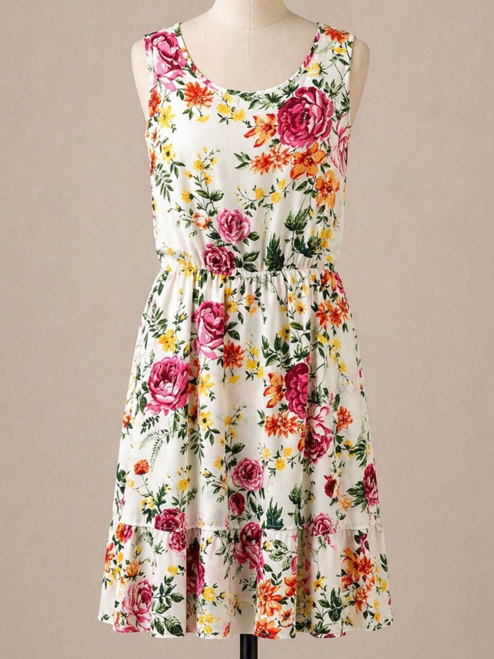 Sleeveless White Midi Dress with Pink Rose Print